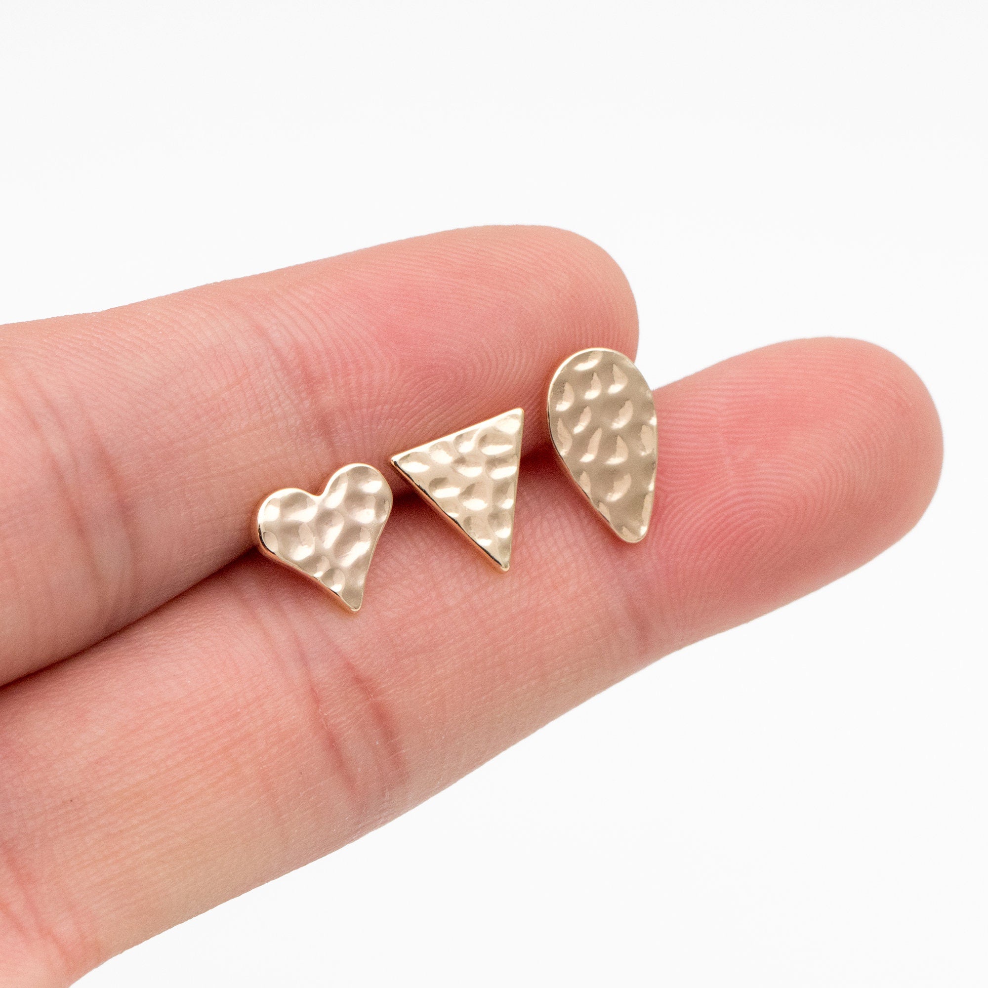 10pcs Gold Hammered Heart/ Triangle/ Teardrop Minimalist Earrings, Real Gold Plated Brass Geometric Earring Studs (GB-4190)